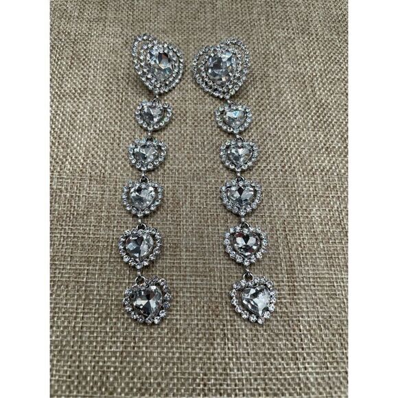 Boho Long Heart Full Diamond Dangle Earrings Sparkling Statement Rhinestone Drop - Picture 7 of 9